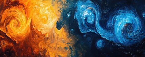 Poster - Vibrant swirling patterns of orange and blue create a dynamic and captivating abstract visual representation of elemental forces.