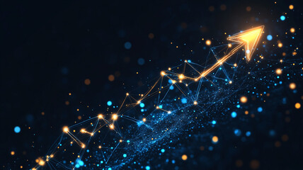 Poster - Dynamic upward arrow illustration with glowing particles representing growth and progress