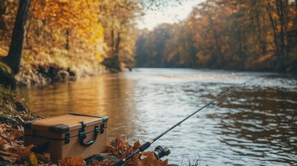 Sticker - A peaceful fishing scene by a river surrounded by autumn foliage.