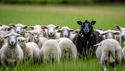 Wall Mural - Contrasting Leadership: A Black Sheep Guiding a Flock of White Sheep in a Verdant Pasture