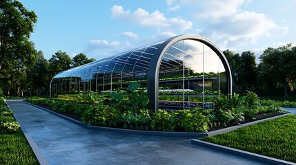 A sleek, glass-roofed greenhouse shelters green plants, bathed in natural light.