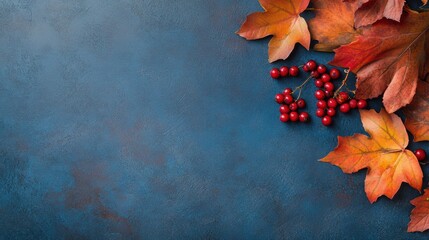 Wall Mural - Bright red berries and colorful autumn leaves gather beautifully on a rich blue backdrop, showcasing nature's seasonal palette