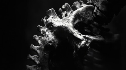Poster - A detailed macro shot of a skeletal spine against a dark backdrop, showcasing texture and structure in monochrome tones.