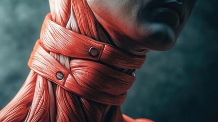 Poster - A detailed rendering of human muscle anatomy, showcasing the neck area with realistic textures and colors.