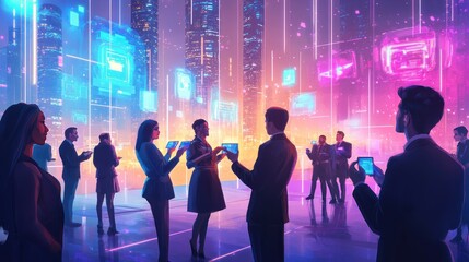 Canvas Print - A futuristic gathering with people interacting in a vibrant, tech-inspired environment.