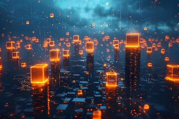 Poster - Abstract 3d rendering of futuristic city with glowing cubes. Futuristic city concept. - Generated AI