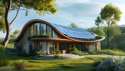 Wall Mural - Sustainable Smart Home Embraced by Tranquil Nature and Elegant Curved Solar Panel Roof