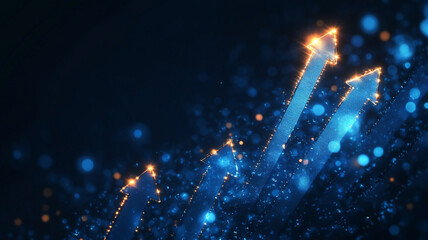 Leinwandbilder - Blue arrows symbolizing growth on a dark backdrop of light particles