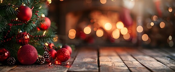 Poster - Christmas background with Christmas tree and bokeh lights. New Year background. - Generated AI