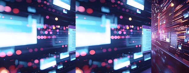 Poster - Digital composite of Multiple computer screens with data processing. 3d rendering - Generated AI