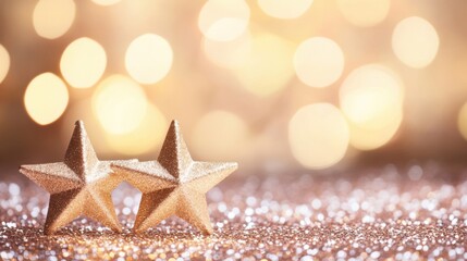 Two golden Christmas stars glisten atop a sparkling surface, radiating holiday cheer in a festive setting