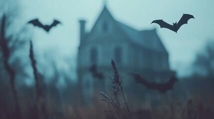 A spooky haunted house is engulfed in darkness while bats flutter above in a chilling night atmosphere