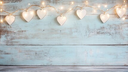 Wall Mural - Heart bokeh lights twinkle gently against a wooden backdrop, enhancing the ambiance with a warm, romantic glow perfect for special occasions