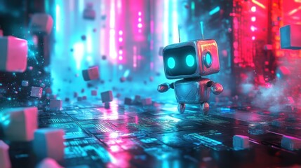 Canvas Print - A small robot exploring a vibrant, futuristic environment filled with neon lights and cubes.