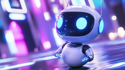 Canvas Print - A futuristic robot character with glowing features in a vibrant, neon-lit environment.