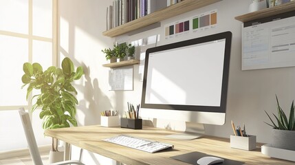 Poster - A modern workspace featuring a computer, plants, and organized shelves.