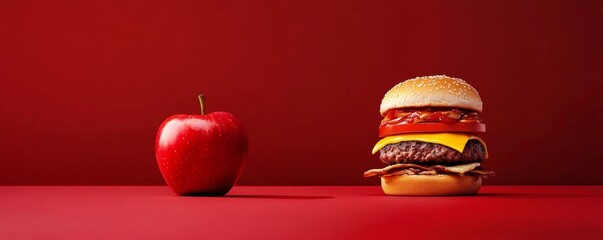 Red apple and cheeseburger on red background, minimalist food concept