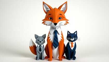 An illustration of three anthropomorphic animals, including a fox and two cats, dressed in business attire. This whimsical and stylish image is perfect for creative projects and business-related