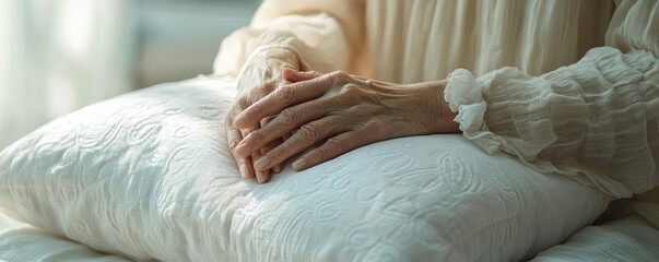 A serene moment of hands resting on a soft pillow, embodying comfort and tranquility in a cozy setting.