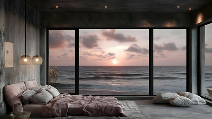 Poster - A bedroom with a large window overlooking the ocean at sunset.