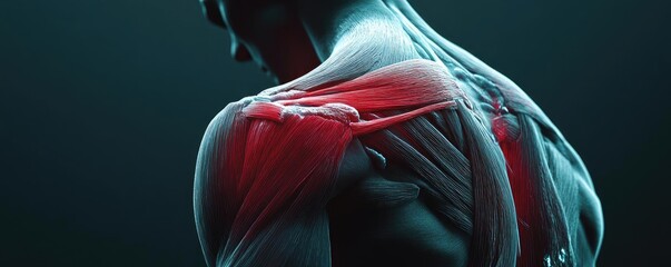 Poster - A close-up view of the human shoulder muscle anatomy showcasing detailed muscular structure and highlighting areas of tension.