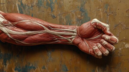 Poster - Detailed anatomical illustration of a human arm showcasing muscles, veins, and tendons for educational and artistic purposes.