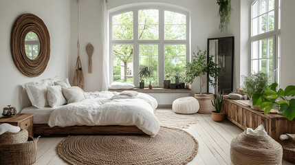 Canvas Print - A bright bedroom with a large window, wooden furniture, and natural materials.