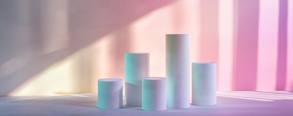 Poster - cylindrical podiums with pastel lighting, abstract composition. minimalistic design concept