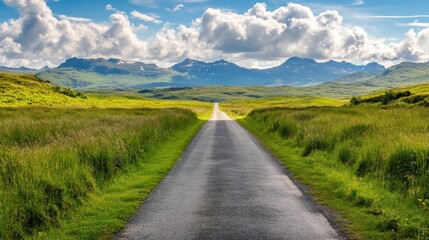 Poster - A serene road stretches through lush green fields towards distant mountains under a blue sky.