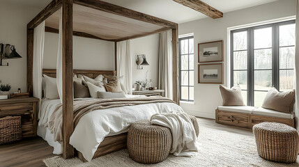 A cozy bedroom with a canopy bed, a rug, and two windows overlooking a garden.