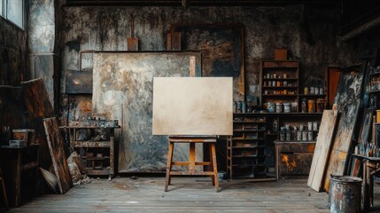 Wall Mural - A rustic artist's studio with an empty canvas and various art supplies.