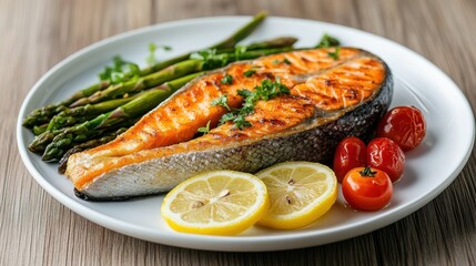 Fried salmon steak and asparagus served on white plate on wooden table,Healthy baked fish salmon steaks,menu diet,Cooking a delicious low carb lunch, healthy nutrition,space for text.