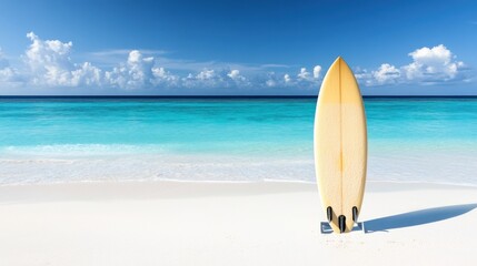 A surfboard stands on the beach, overlooking a serene ocean and clear blue sky.