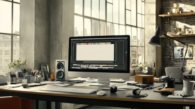 A modern workspace with a computer, design tools, and a bright urban view.