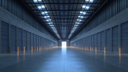 A massive warehouse distribution center with rows of aisles leading to an exit