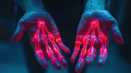 Poster - Futuristic hands illuminated with red light, showcasing intricate skeletal structures, symbolizing technology and anatomy.