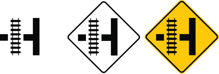 icon Railway crossing on next side road ahead sign yellow outline traffic warning sign design for yellow background and black and white background