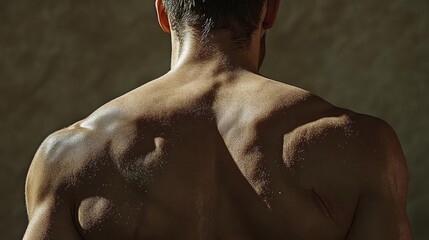 Poster - An artistic view of a muscular male back highlighting strength and fitness in natural light, showcasing defined structures and contours.