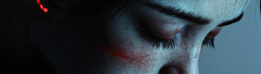 Poster - A close-up of a contemplative face with subtle lighting, conveying emotions and depth in artistic expression.