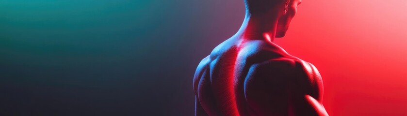 Poster - Silhouette of a muscular man showcasing a powerful physique under dramatic colored lighting.