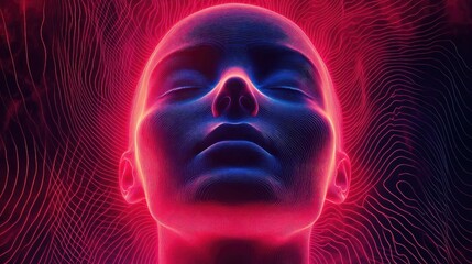 Aufkleber - A surreal representation of a human head illuminated with vibrant neon colors, creating an ethereal and futuristic vibe.