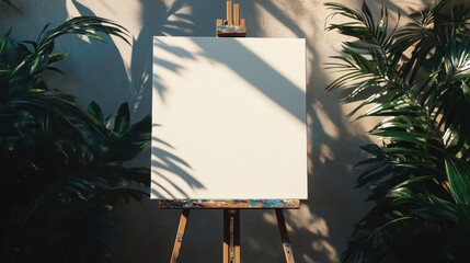 Poster - A blank canvas on an easel surrounded by lush green plants and soft shadows.