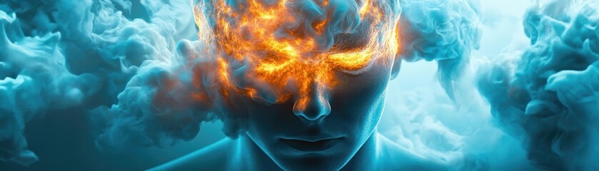 Aufkleber - A surreal depiction of a person with a fiery mind, surrounded by blue smoke, symbolizing creativity and intensity.