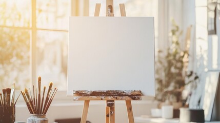 Poster - A blank canvas on an easel in a sunlit art studio, ready for creativity.