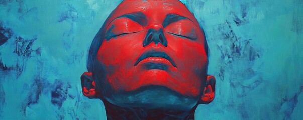 Poster - A striking artistic portrait featuring a serene figure with vivid red tones against a calming blue background.