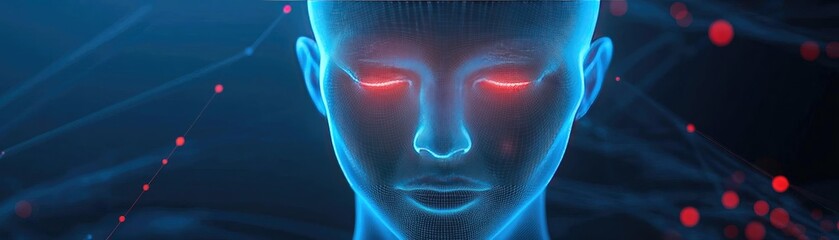 Poster - Futuristic digital head with glowing red eyes, representing artificial intelligence and technology in a blue abstract background.