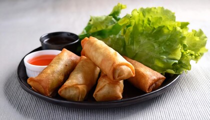 Canvas Print - Crispy Spring Rolls with Dipping Sauces and Lettuce Garnish