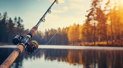 Sticker - A fishing rod poised over a serene lake surrounded by autumn trees.