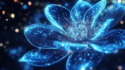 A luminous blue flower with glowing lines emanating from its center, symbolizing connectivity and the flow of information in a futuristic digital landscape