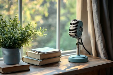 Vintage microphone on a windowsill with books and a potted plant.